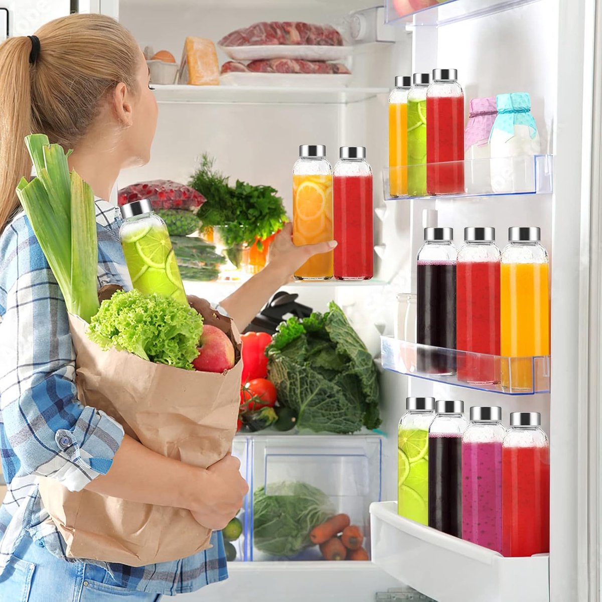 Glass Bottles - Set of 6 - 16oz Glass Juice Bottles for Drinking, Juicing & Tea Brewing with Lids - Leak-proof Set for Fridge Storage