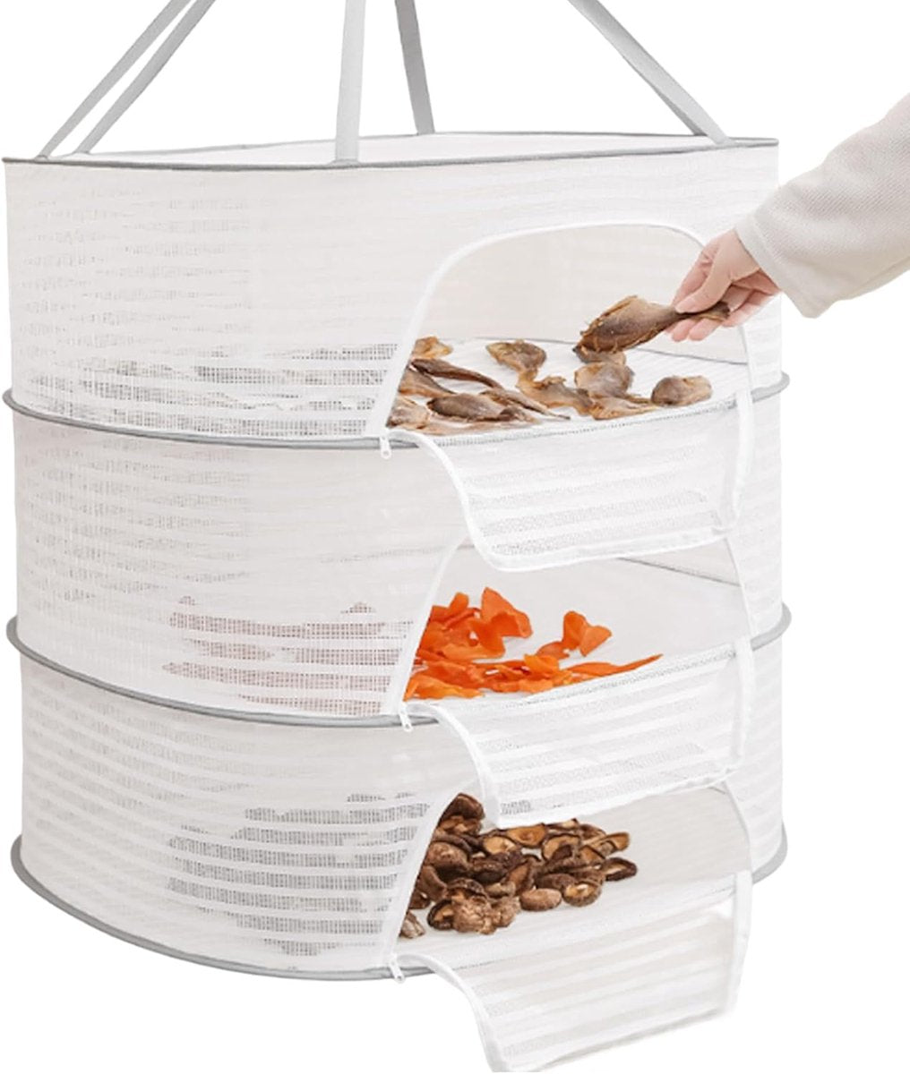 Clothes Drying Rack - Three-Tier Mesh Hanging Drying Rack - Foldable - Zippered - Suitable for drying plants, buds, fruits, flowers, vegetables, fabrics, etc.