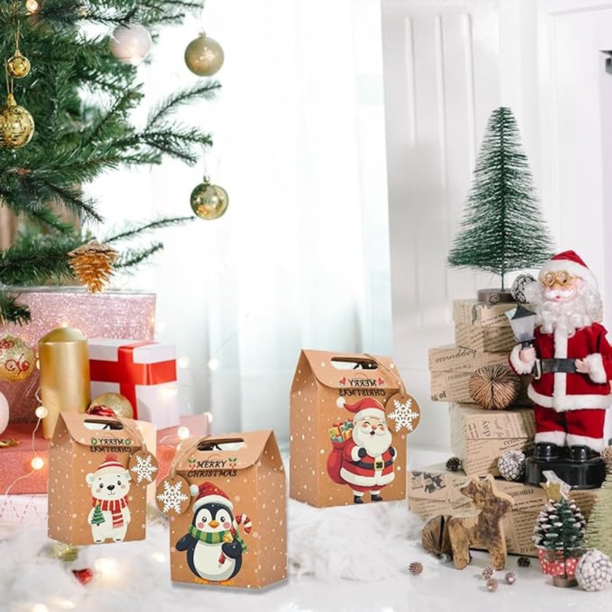 Gift Bags - 24-pack - Paper Gift Bags - Christmas Kraft Paper Candy Boxes - Christmas Kraft Paper Cookie and Snack Boxes - Christmas Gift Boxes - Christmas Party Supplies and Decorations