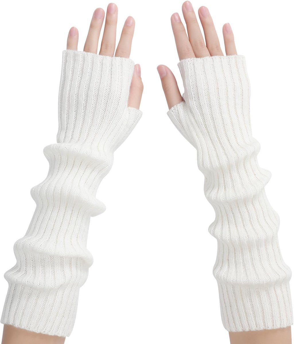 Arm Sleeves - Women's Long Fingerless - Knitted Y2K Arm Sleeves - (Vit)