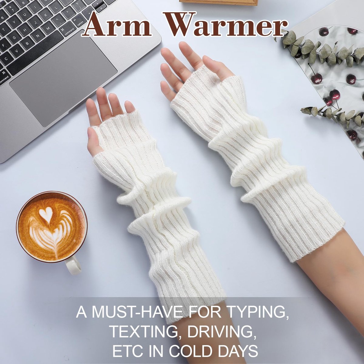 Arm Sleeves - Women's Long Fingerless - Knitted Y2K Arm Sleeves - (Vit)