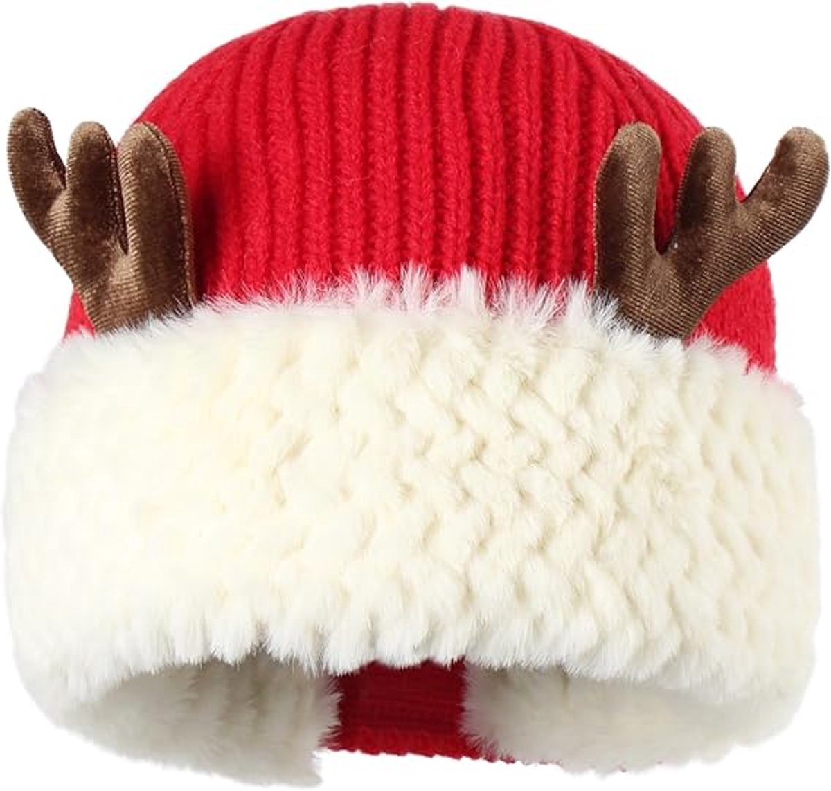Hat - Warm knitted hat - Winter hats with reindeer antlers for women - Warm Christmas hats - Women (Red)