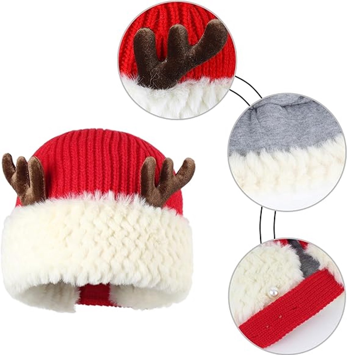 Hat - Warm knitted hat - Winter hats with reindeer antlers for women - Warm Christmas hats - Women (Red)