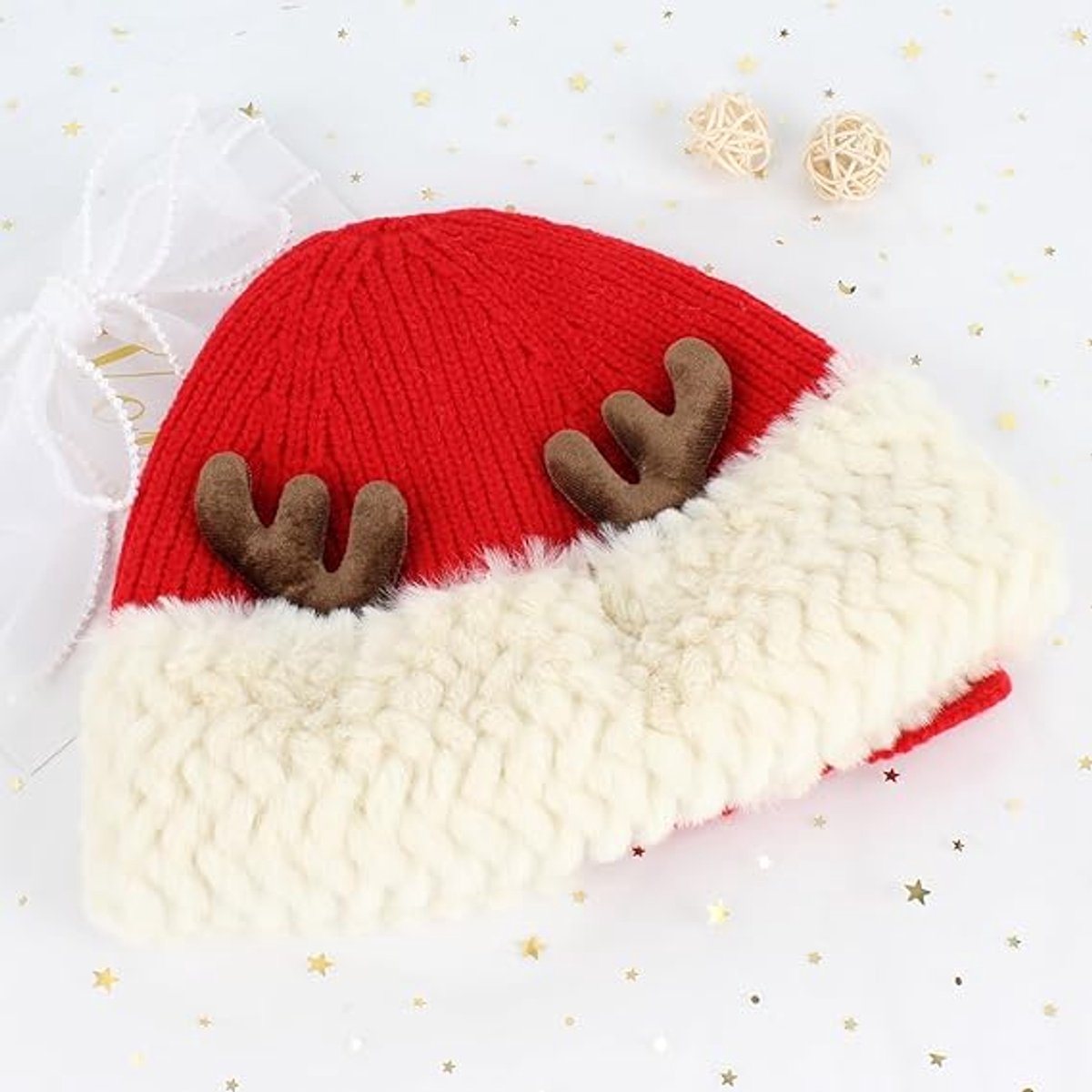 Hat - Warm knitted hat - Winter hats with reindeer antlers for women - Warm Christmas hats - Women (Red)
