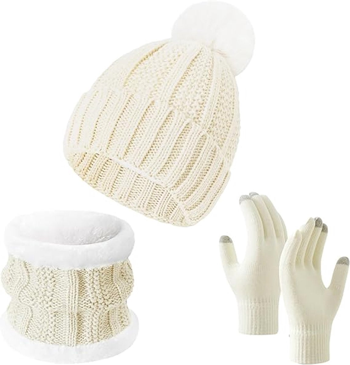 Gloves, hat and scarf - three-piece set - winter knitwear - lined with fleece and thickened - warm and cold resistant - white