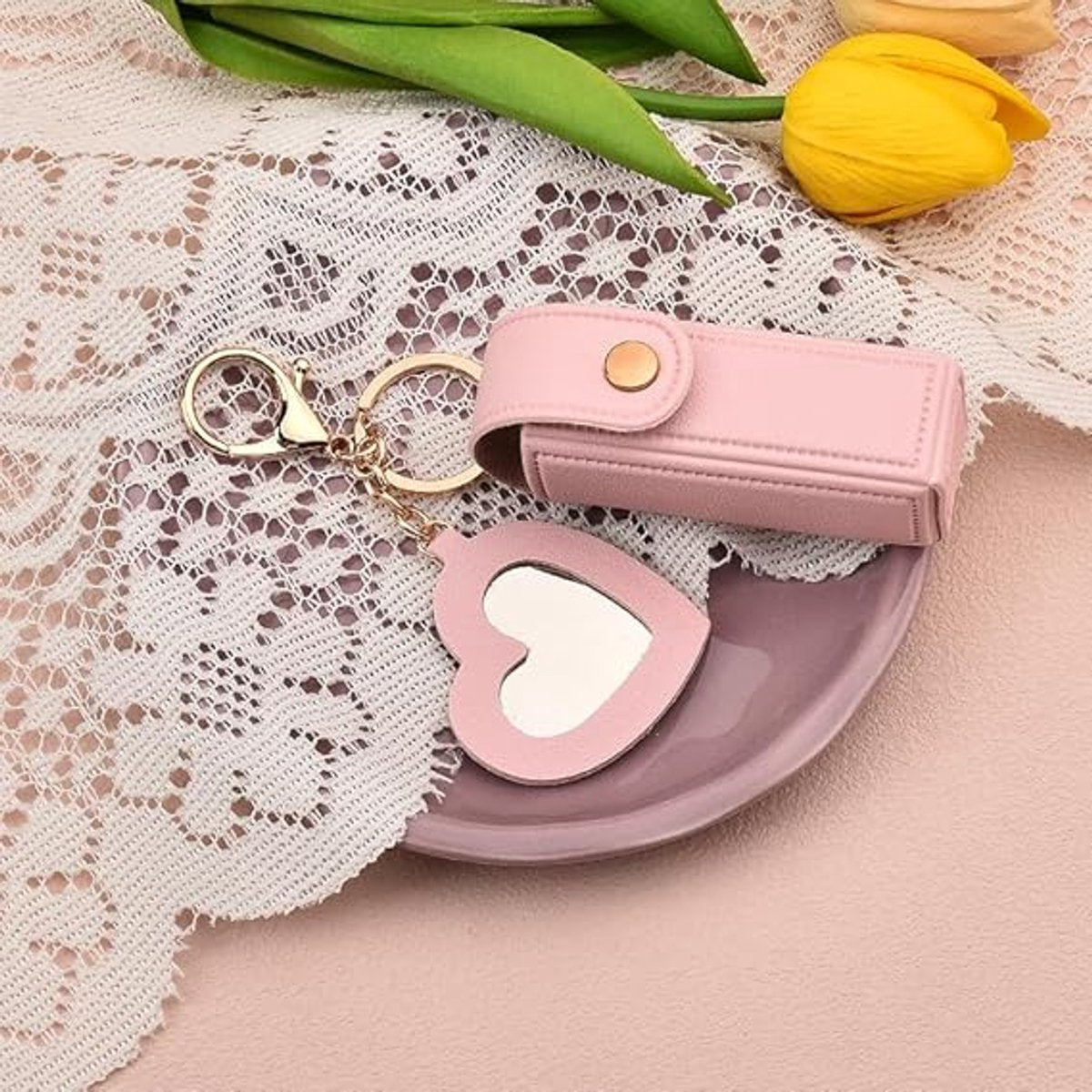 Lipstick Holder - with Mirror - Storage Box - Key Ring - Suitable for Car Keys, Lipstick Organizer (Pink)