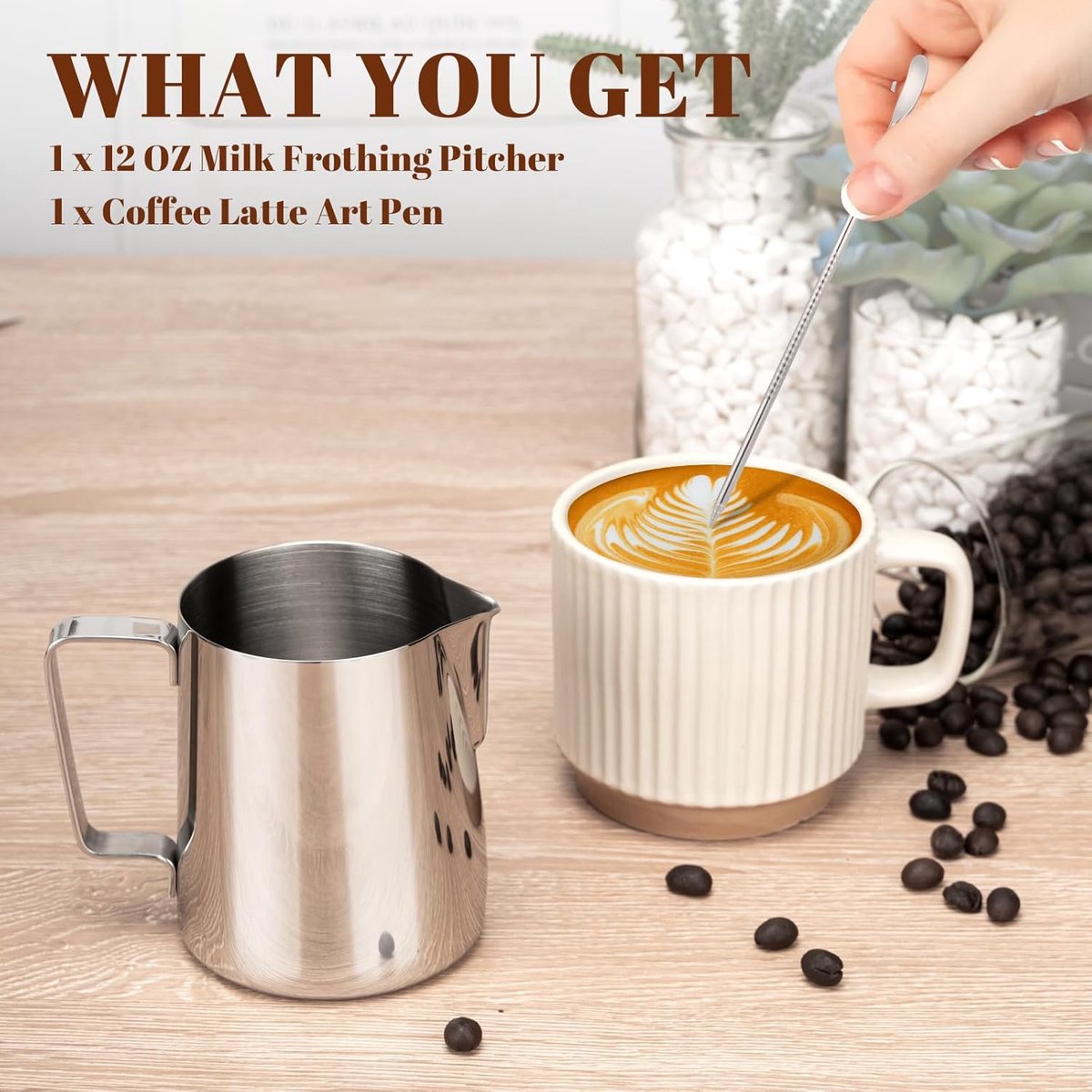 Milk Frothing Cup - 350ml Milk Frothing Cup - Clear Markings - Cappuccino Espresso Machine Accessory Made of Stainless Steel 304 - Suitable for Barista Coffee Shops - With Latte Art Pen - Silver