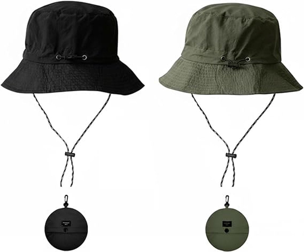 Hat - Sun Hat - Outdoor Jungle Hat - Foldable Bucket Hat - Rain Hat - Unisex - With Removable Chin Strap - 2-Piece (Black + Green)