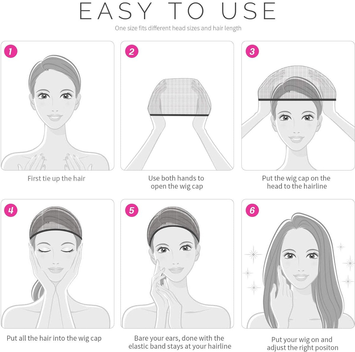 6-Pack Wig Caps - Black Elastic Wig Caps - Suitable for women, girls and children.