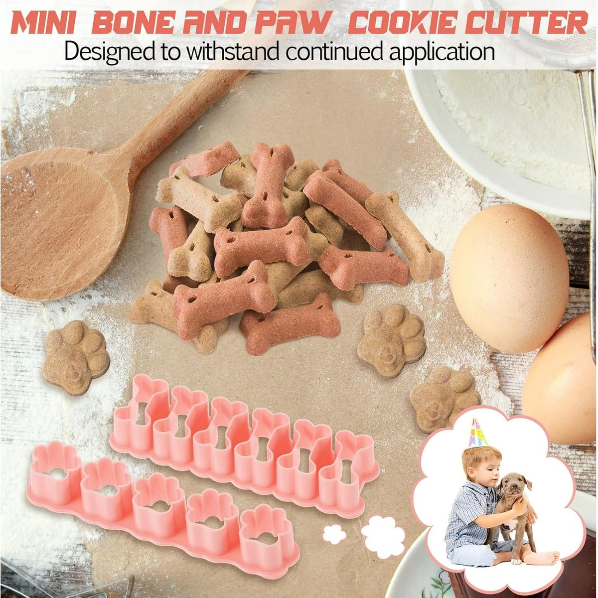 Set of Two Mini Cookie Cutters - 2.5cm Dog Bone Cookie Cutter, Dog Paw Cookie Cutter, Homemade Dog Biscuits, Snacks, Cakes & Cookies (Morandi Pink)