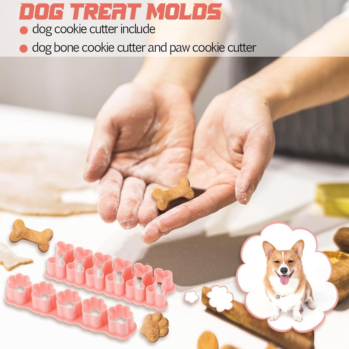 Set of Two Mini Cookie Cutters - 2.5cm Dog Bone Cookie Cutter, Dog Paw Cookie Cutter, Homemade Dog Biscuits, Snacks, Cakes & Cookies (Morandi Pink)