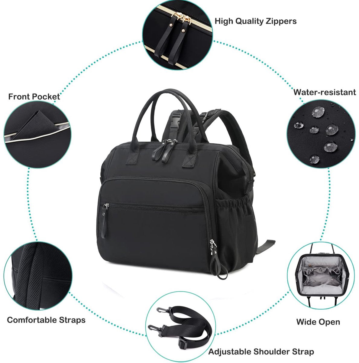 Convertible Diaper Bag - Wide Opening - 14 Pockets - Stylish - Baby Changing Bag - with Stroller Buckle - Diaper Bag - Waterproof (Black)