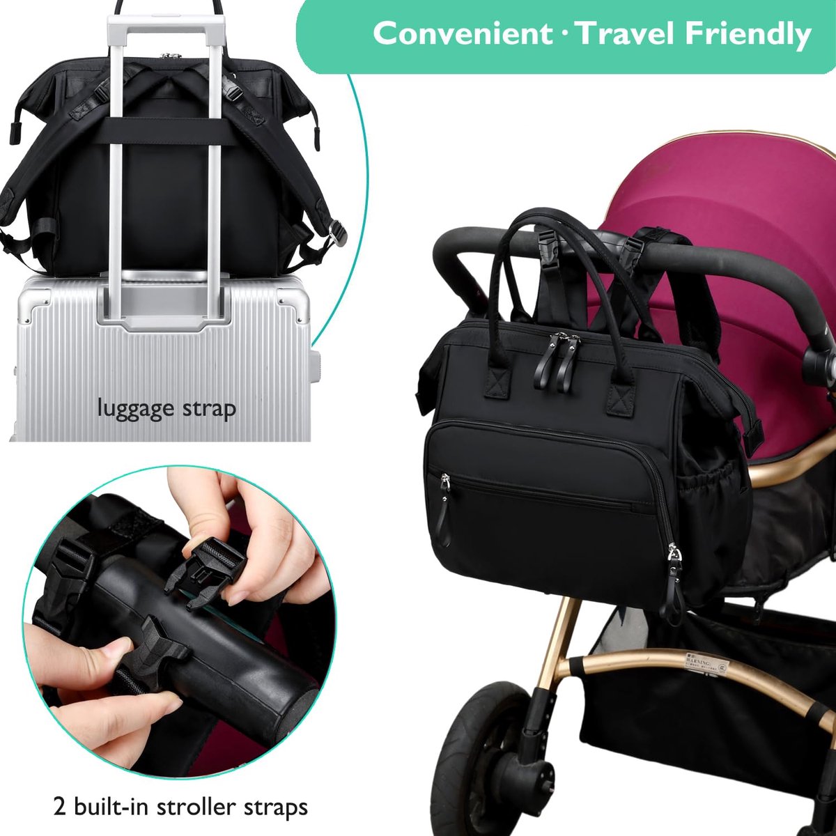 Convertible Diaper Bag - Wide Opening - 14 Pockets - Stylish - Baby Changing Bag - with Stroller Buckle - Diaper Bag - Waterproof (Black)
