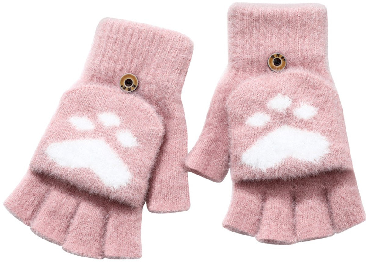 Gloves - Fingerless Gloves - Women's Fingerless Gloves - Flip-Top Gloves - Warm and Thick - Pink