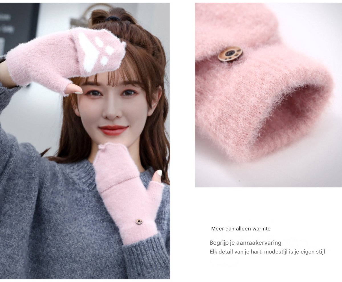 Gloves - Fingerless Gloves - Women's Fingerless Gloves - Flip-Top Gloves - Warm and Thick - Pink