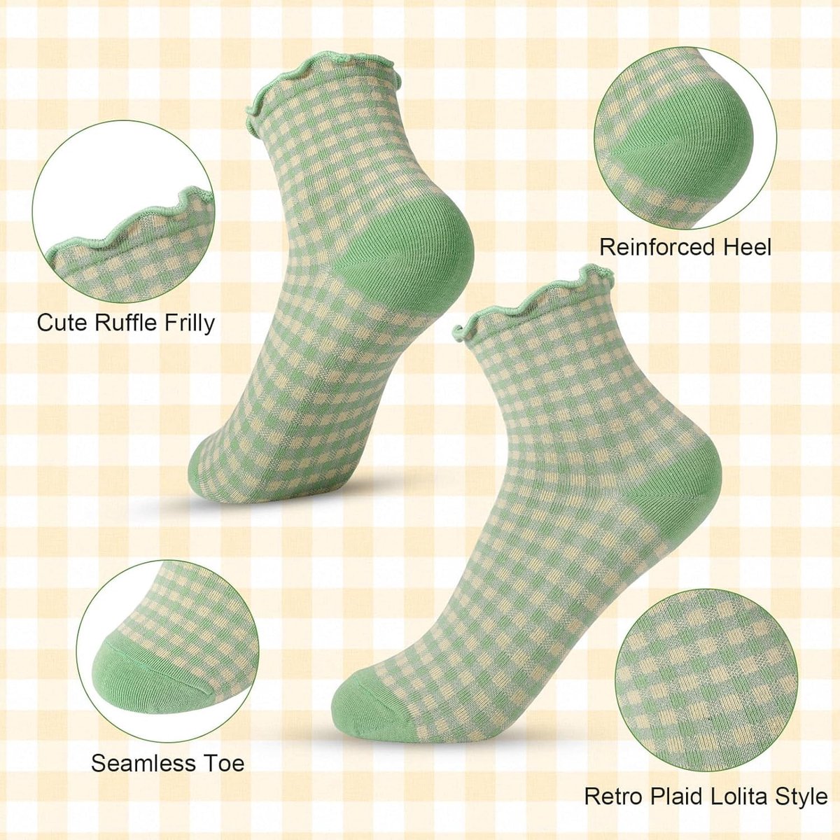 Socks - 6 Pairs of Pleated Socks for Women, Striped Pleated Socks, Cute Socks for Women - Checked Socks - Ankle Socks for Women - Cotton Knitted Socks - Sizes 5-9