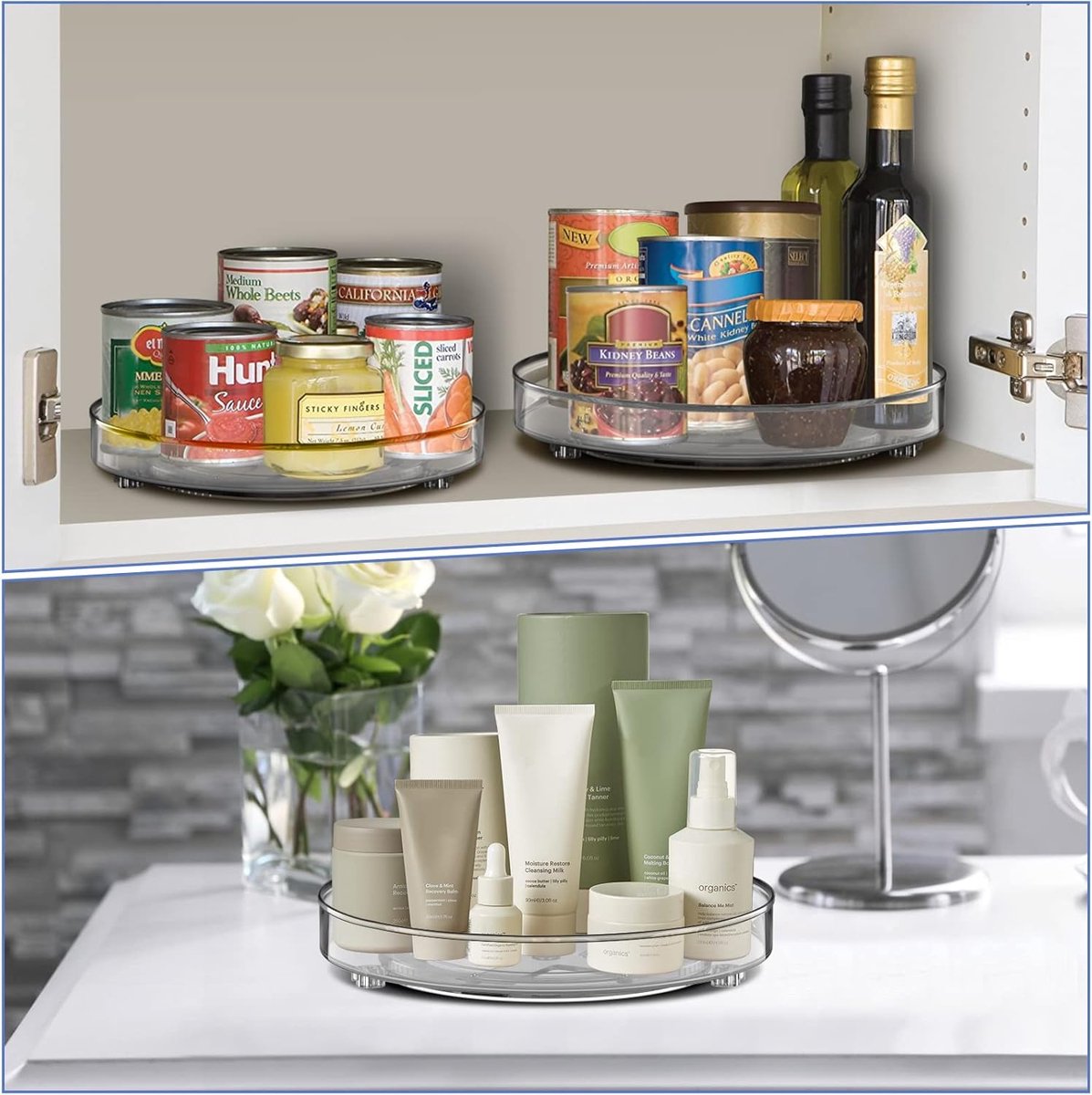 Set of two rotating storage racks (27+23.5 cm) - Rotating spice rack, rotating rack for refrigerator cabinet, rotating shelf for cupboard - Suitable for various storage spaces - Cosmetics storage