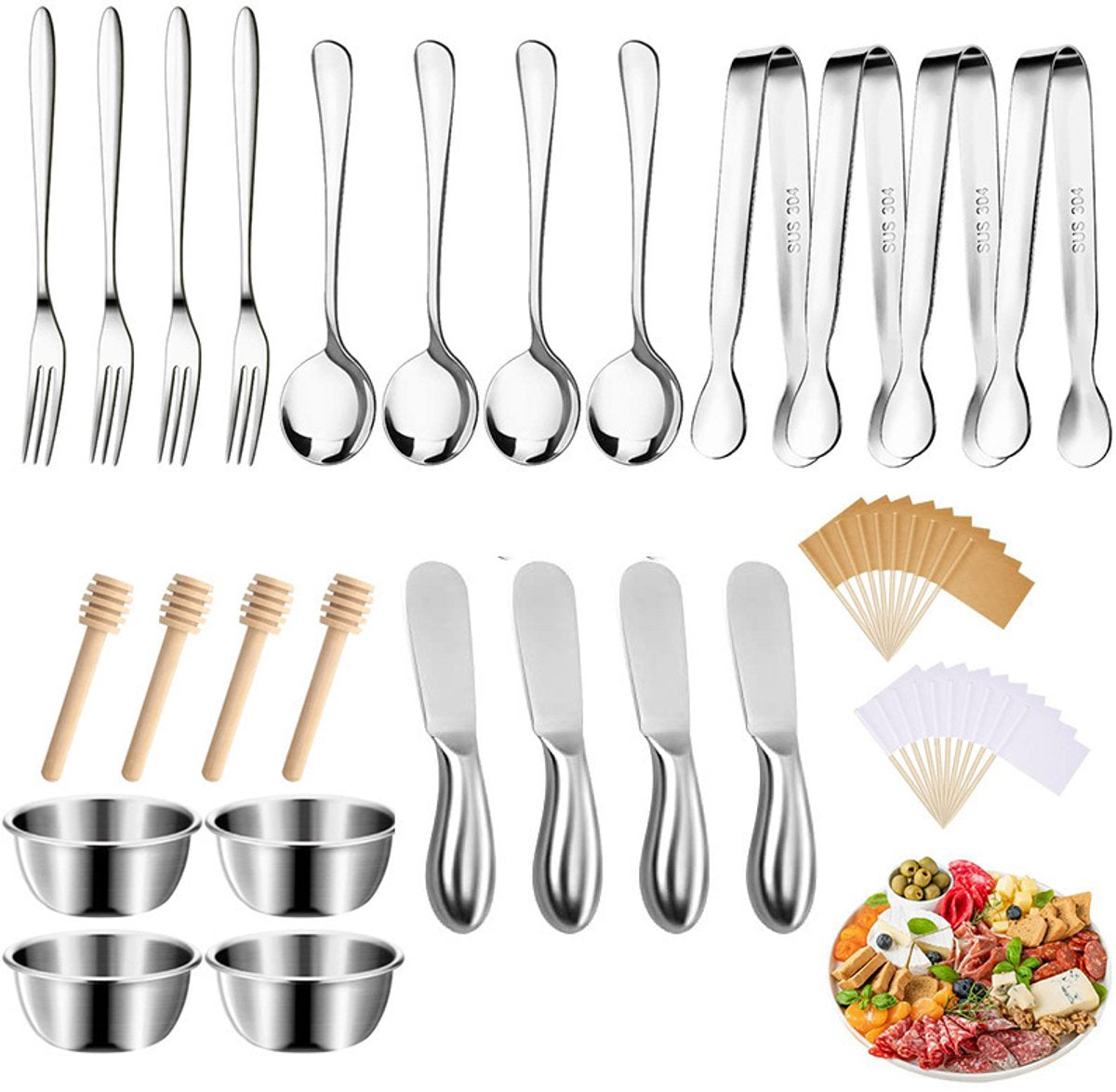 cutlery set - 44-piece set - cheese knife | pastry forks | oval coffee spoons | kitchen tongs &amp; serving tongs | stirring spoon | stainless steel bowl | blank food labels