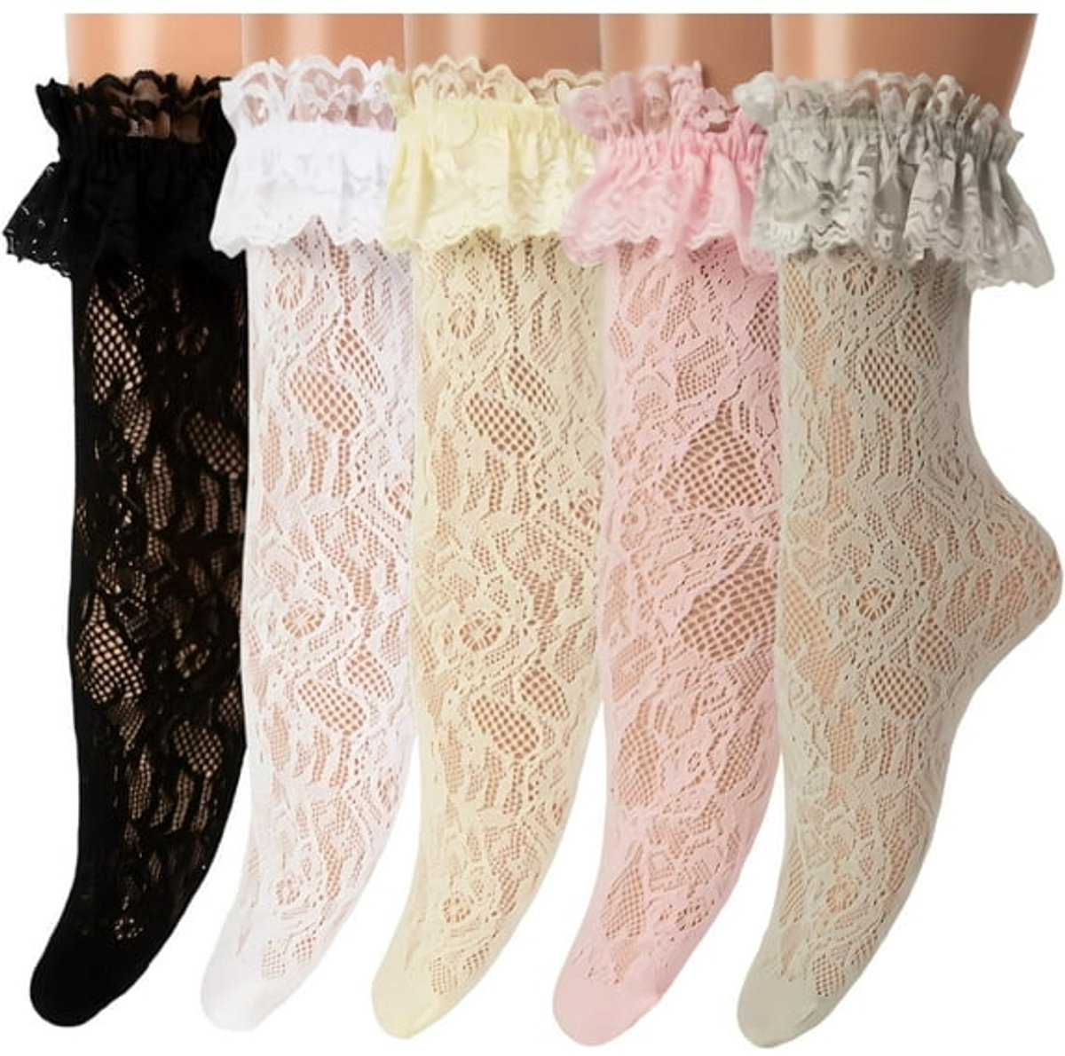 Socks - 5 Pairs of Pleated Ankle Socks for Women - Lace Trim - Pleated Sock Set - Cute Princess Anklet (Colorful Rose)