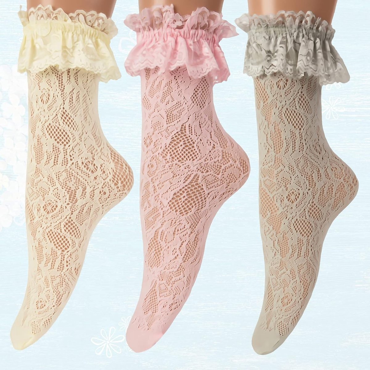 Socks - 5 Pairs of Pleated Ankle Socks for Women - Lace Trim - Pleated Sock Set - Cute Princess Anklet (Colorful Rose)