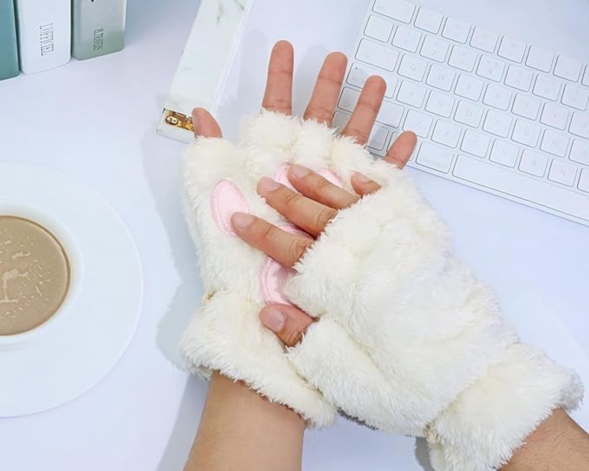 Gloves - 1 pair - Winter gloves - Cartoon gloves - Fingerless gloves - Children's gloves - Warm gloves - Plush gloves - One size (White)