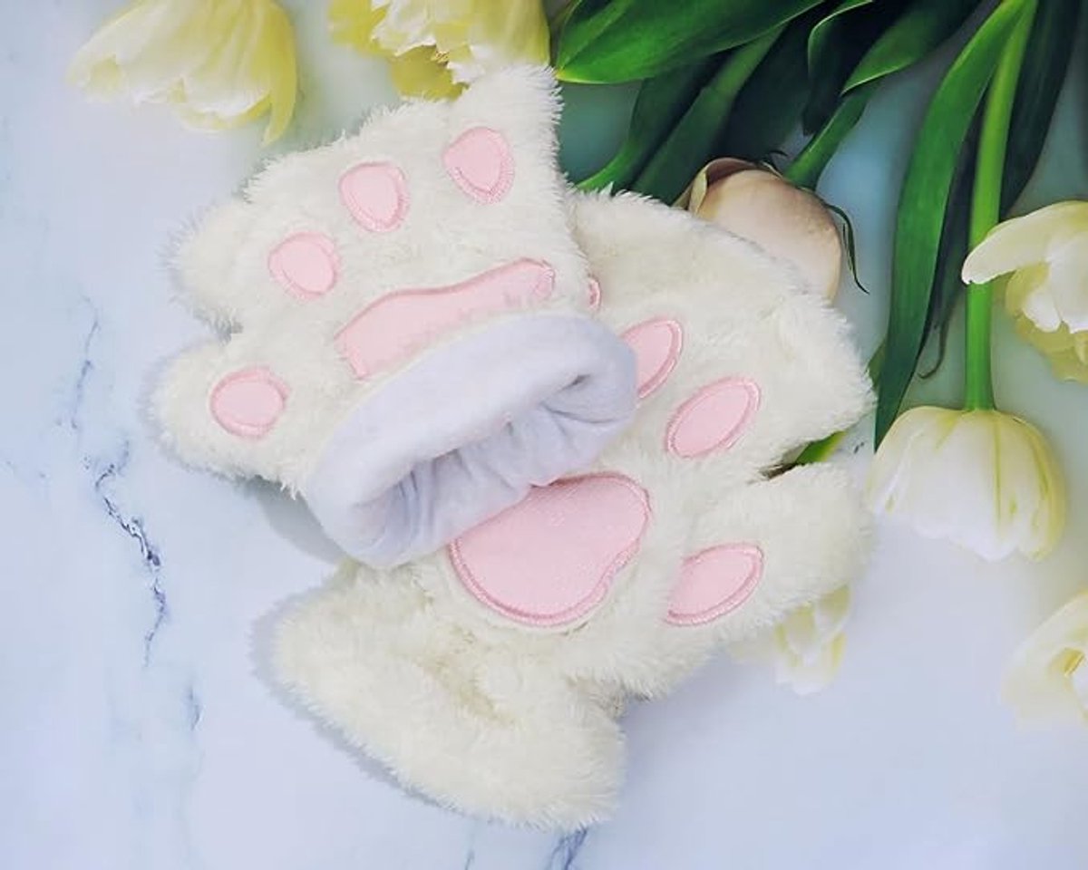 Gloves - 1 pair - Winter gloves - Cartoon gloves - Fingerless gloves - Children's gloves - Warm gloves - Plush gloves - One size (White)