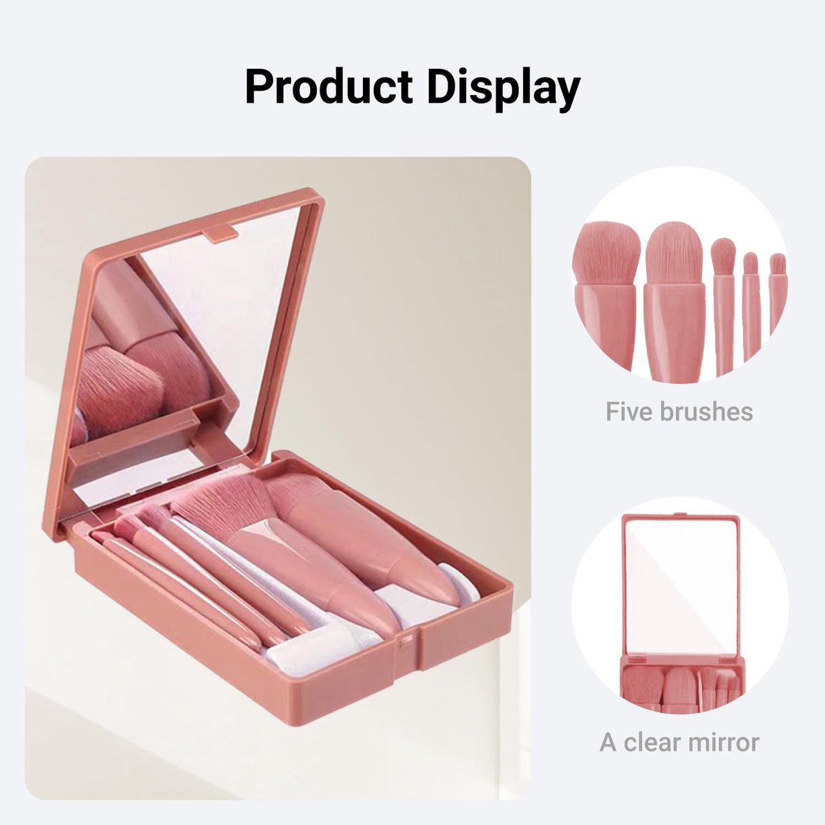 Makeup Brush Set - 5-Pack - Portable - Travel Makeup Brush Set with Mirror Case - Professional Foundation Brush, Eyeshadow Brush, and Blending Brush for Women - Lotus Pink