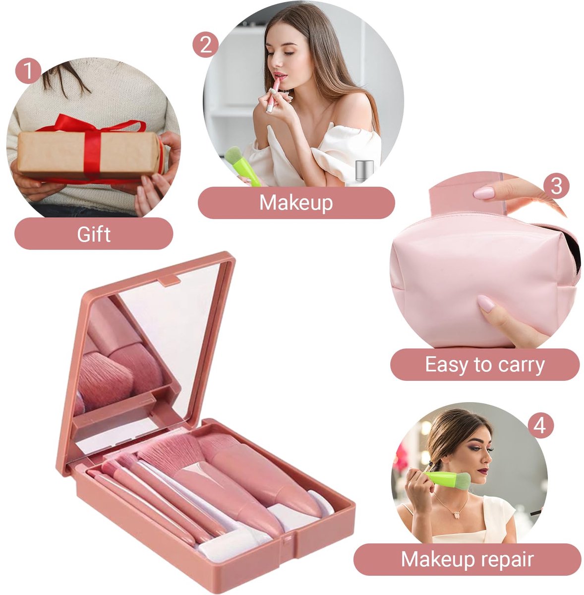 Makeup Brush Set - 5-Pack - Portable - Travel Makeup Brush Set with Mirror Case - Professional Foundation Brush, Eyeshadow Brush, and Blending Brush for Women - Lotus Pink