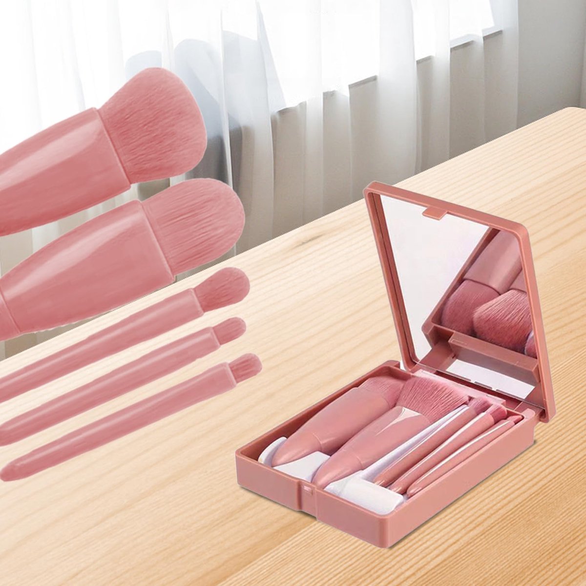 Makeup Brush Set - 5-Pack - Portable - Travel Makeup Brush Set with Mirror Case - Professional Foundation Brush, Eyeshadow Brush, and Blending Brush for Women - Lotus Pink