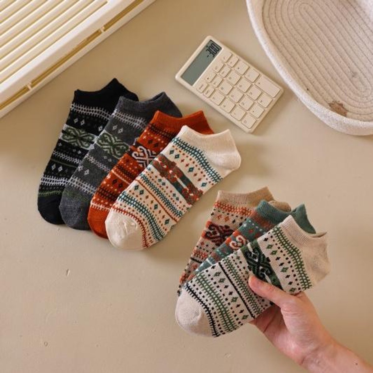 Socks - Fall/Winter Vintage Ethnic Striped Mid-Calf Socks - Breathable - Comfortable - Maillard - Crew Socks (7 Pairs)