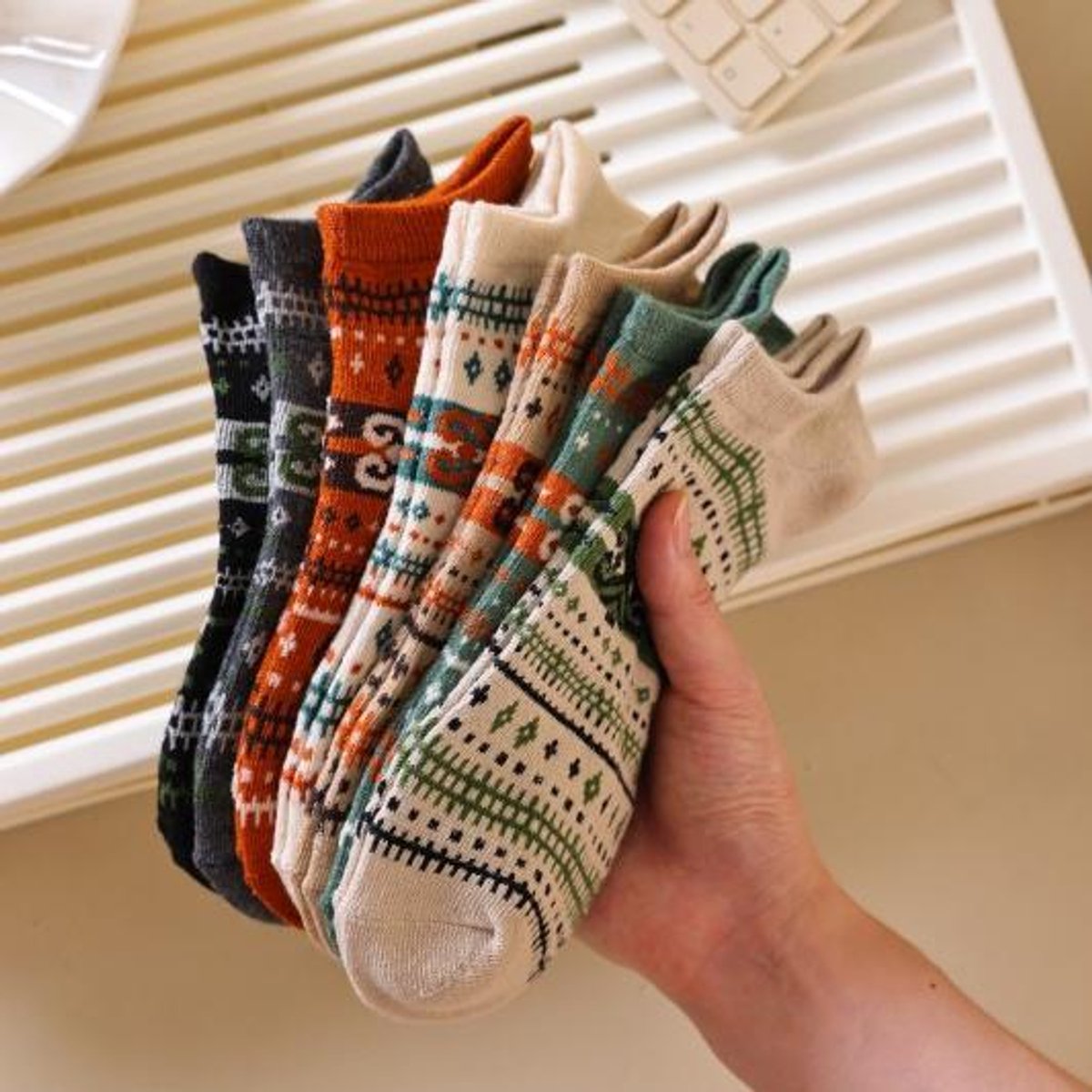 Socks - Fall/Winter Vintage Ethnic Striped Mid-Calf Socks - Breathable - Comfortable - Maillard - Crew Socks (7 Pairs)