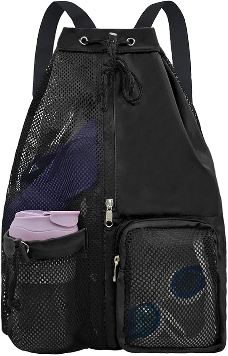 Backpack - Sports Bag - Travel Bag - Training Bag - Swimming Bag - 30*15*45cm - Mesh Material - Drawstring Design - Side Storage Space - Unisex - Suitable for Fitness, Swimming, Travel, Dancing, Camping（Black）