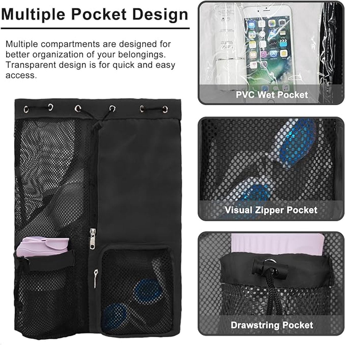 Backpack - Sports Bag - Travel Bag - Training Bag - Swimming Bag - 30*15*45cm - Mesh Material - Drawstring Design - Side Storage Space - Unisex - Suitable for Fitness, Swimming, Travel, Dancing, Camping（Black）