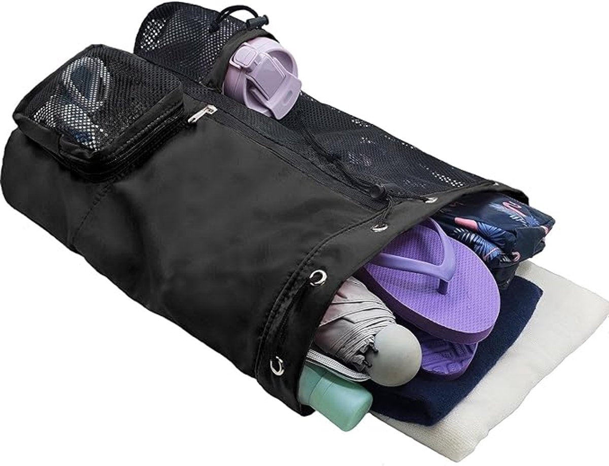 Backpack - Sports Bag - Travel Bag - Training Bag - Swimming Bag - 30*15*45cm - Mesh Material - Drawstring Design - Side Storage Space - Unisex - Suitable for Fitness, Swimming, Travel, Dancing, Camping（Black）