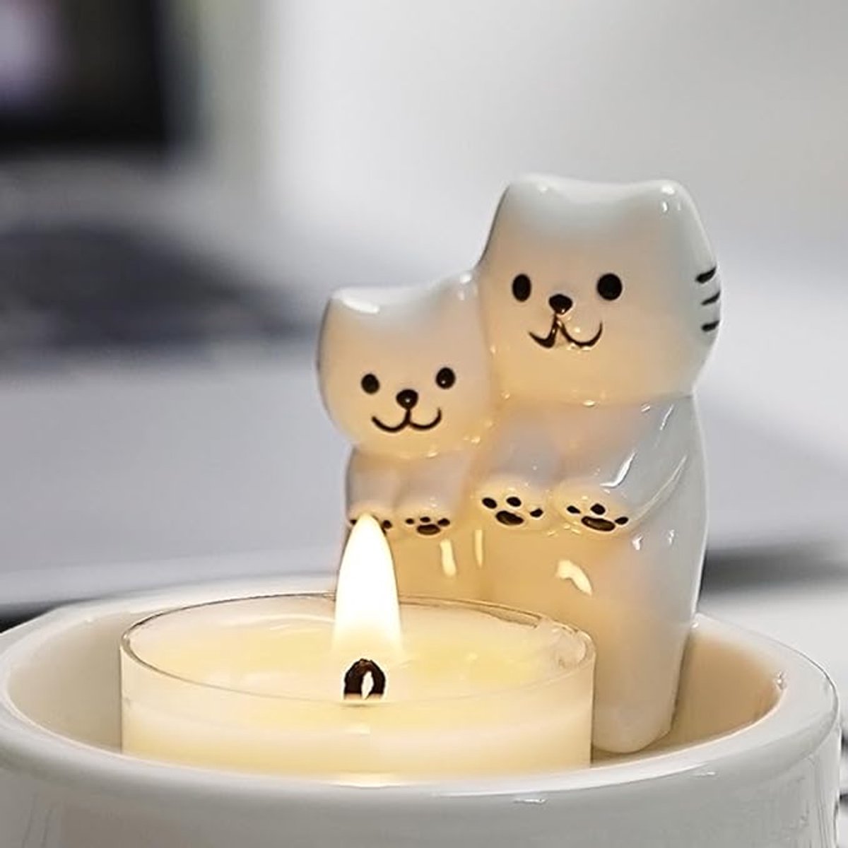 Candle Holder - 1 Piece Cartoon Cat Candle Holder - White Handmade Ceramic Candle Holder - Tea Candle Holder - Decorative Candle Holder - A Gift for Spending Warm Moments with Your Loved One - A Gift for Your Lover or Friend