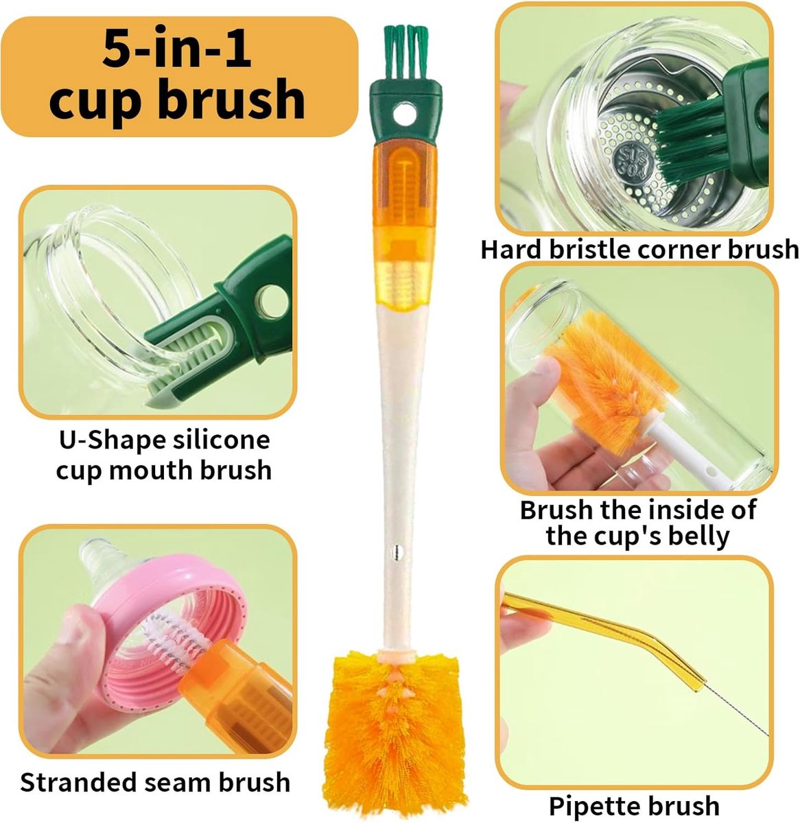 Bottle Brush - 5-in-1 Bottle Brush - Bottle Brush for Babies - Suitable for all types of glass cups - Cleans cup rims, straws and other parts.