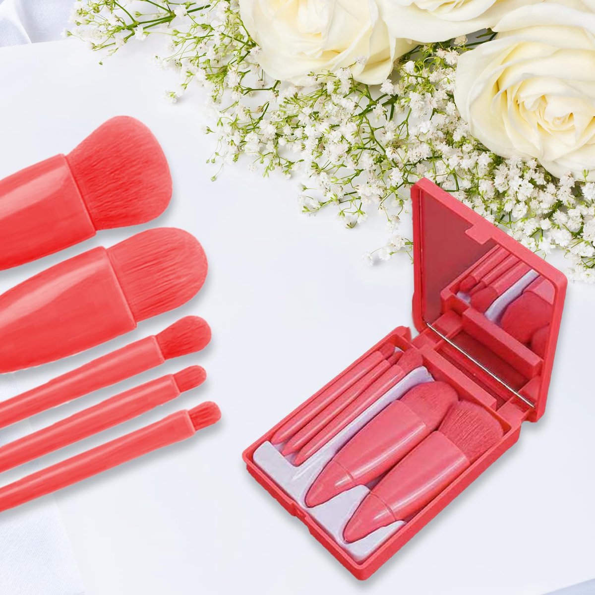 Makeup Brush Set - 5-Pack - Portable - Travel Makeup Brush Set with Mirror Case - Professional Foundation Brush, Eyeshadow Brush, and Blending Brush for Women - Pink