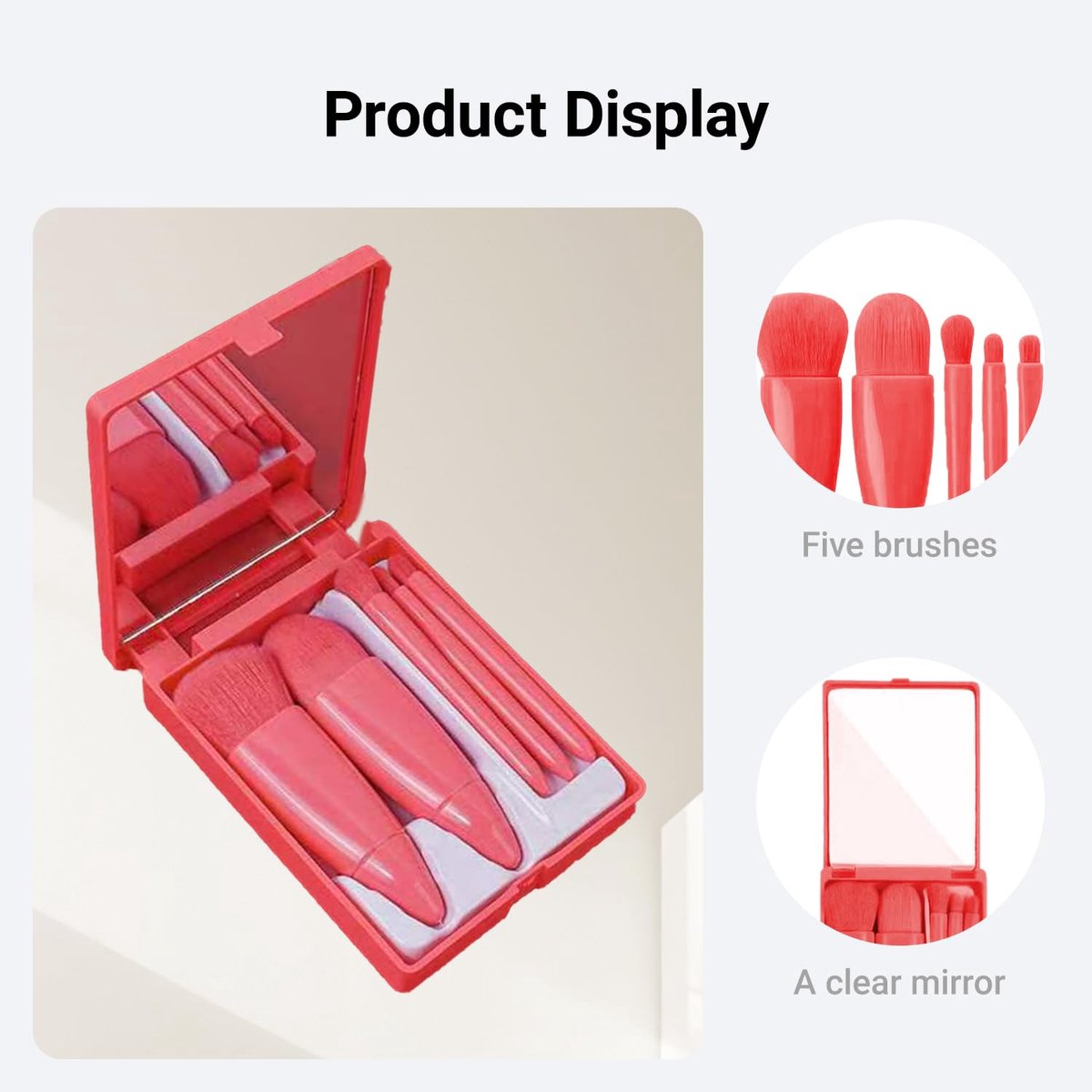 Makeup Brush Set - 5-Pack - Portable - Travel Makeup Brush Set with Mirror Case - Professional Foundation Brush, Eyeshadow Brush, and Blending Brush for Women - Pink