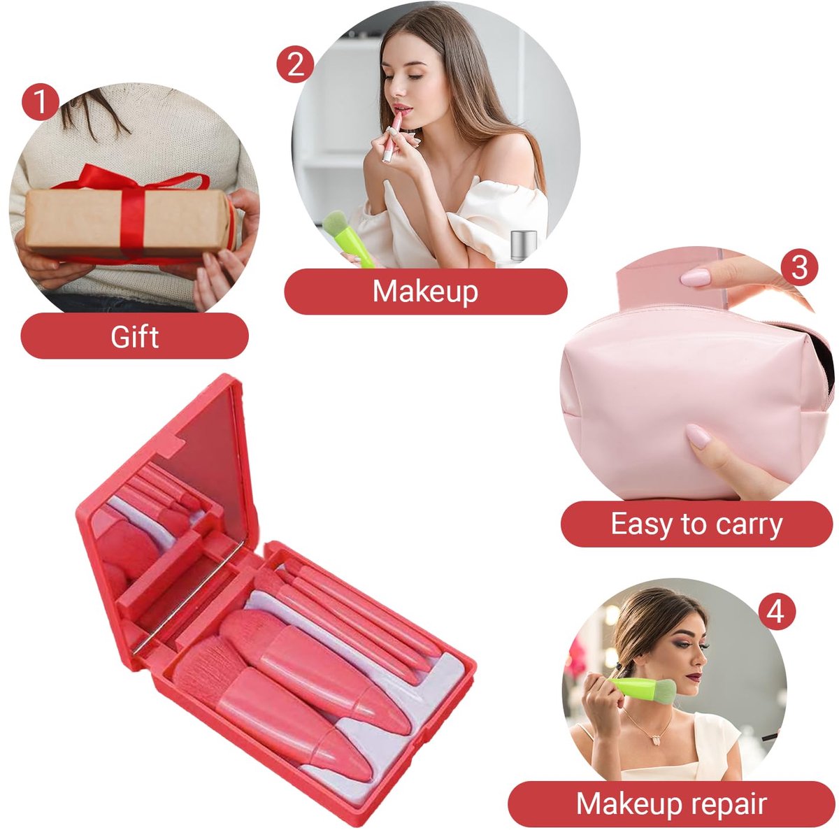 Makeup Brush Set - 5-Pack - Portable - Travel Makeup Brush Set with Mirror Case - Professional Foundation Brush, Eyeshadow Brush, and Blending Brush for Women - Pink