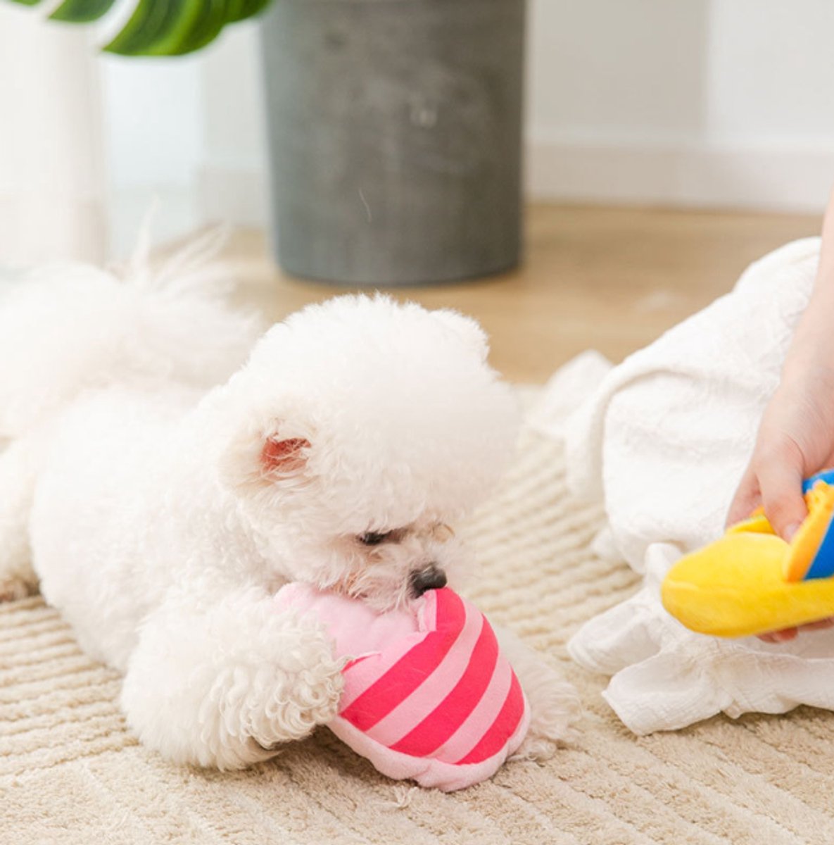 Dog Toys - Dog Cuddly Toy - Slipper Shape - Interactive - Dog Toy - Pink Stripes