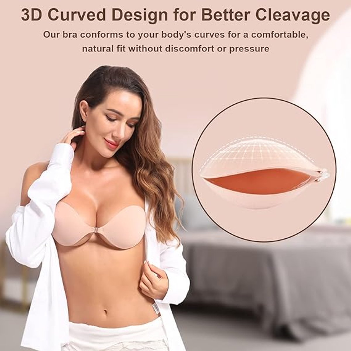 1 round bra cup - strapless invisible silicone - transparent push-up bra - seamless design - front closure - beige - A
