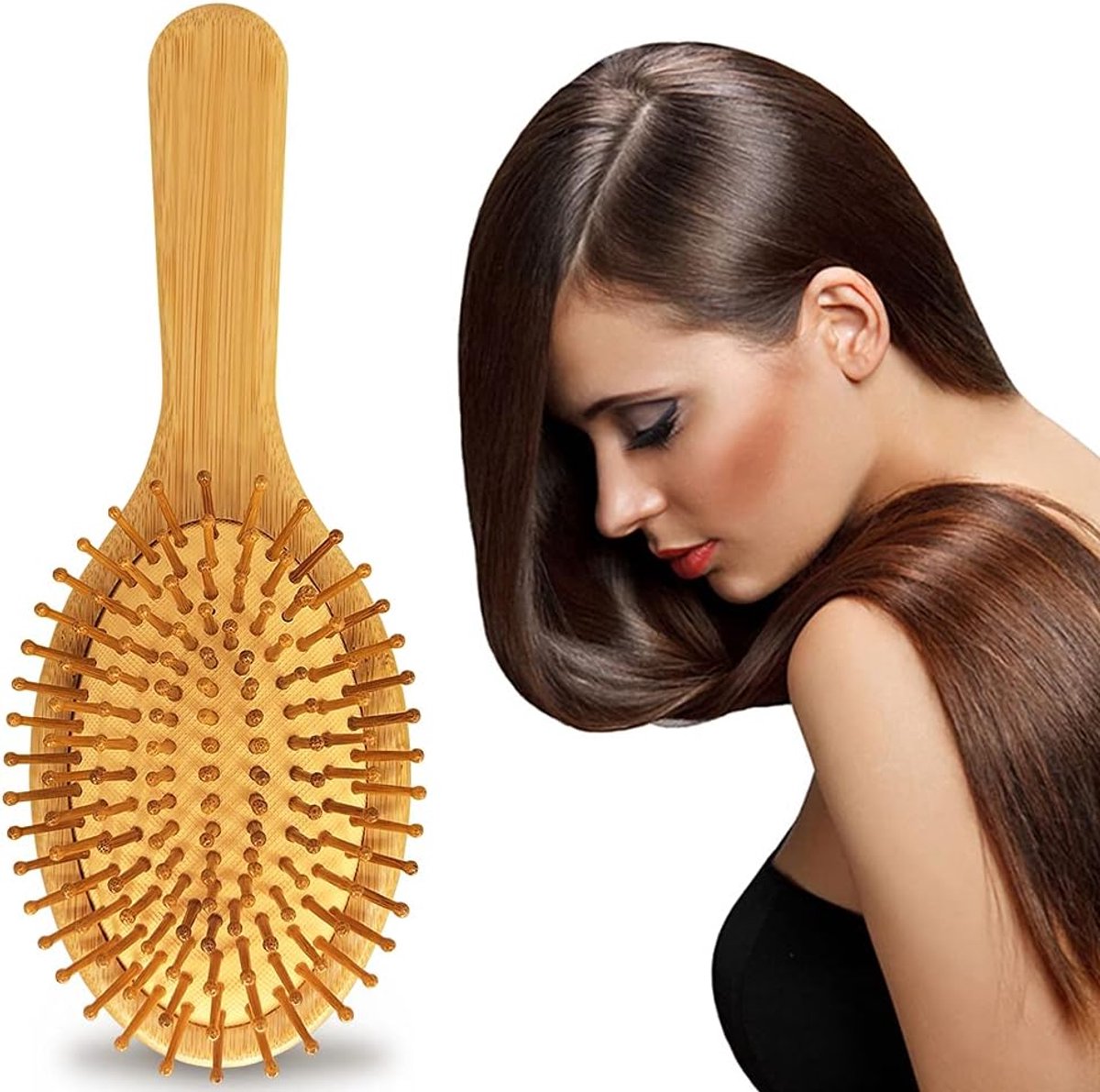 Bamboo hair comb - massage - environmentally friendly anti-static hair brush suitable for all hair types, men and women - bamboo air cushion - smooth and straight hair comb