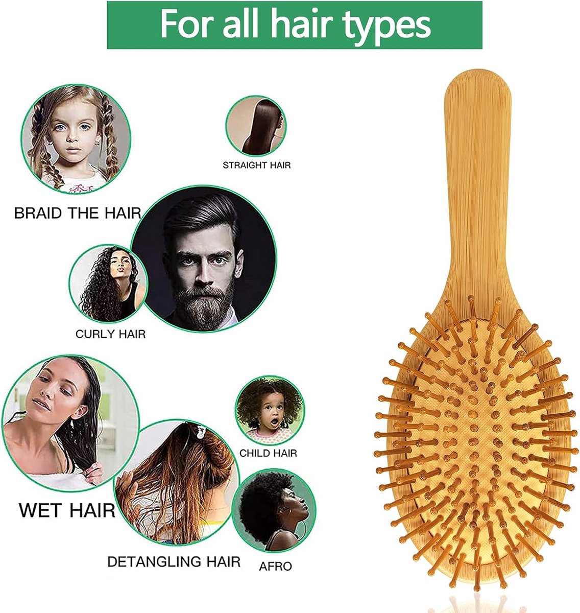 Bamboo hair comb - massage - environmentally friendly anti-static hair brush suitable for all hair types, men and women - bamboo air cushion - smooth and straight hair comb