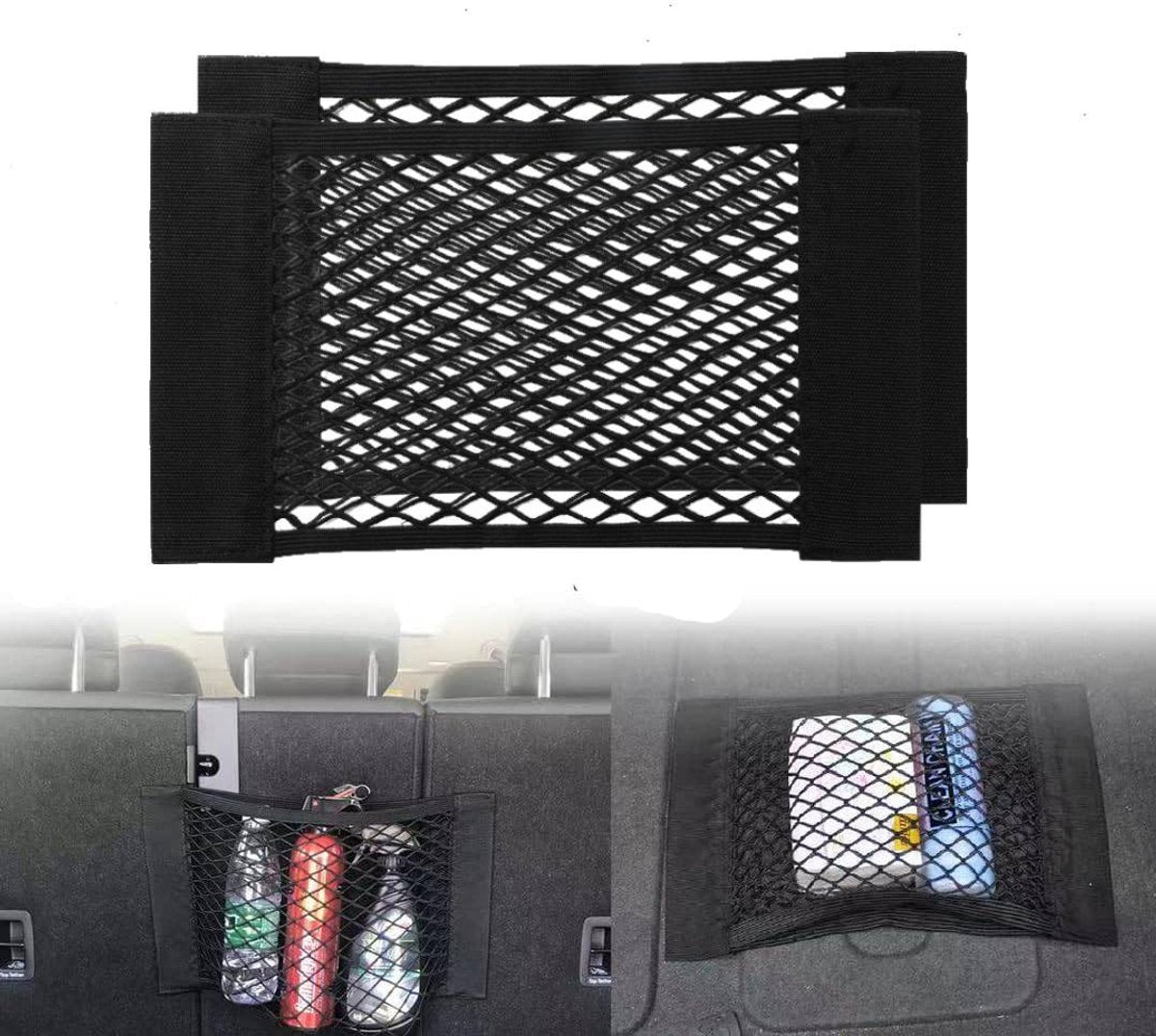 Car Trunk Storage Net (2-Pack) - Storage Bag 50*25cm - With Velcro - Car Seat Storage Net - Universal Net Bag for SUVs, Sedans and Trucks - Suitable for storing mobile phone accessories, water bottles