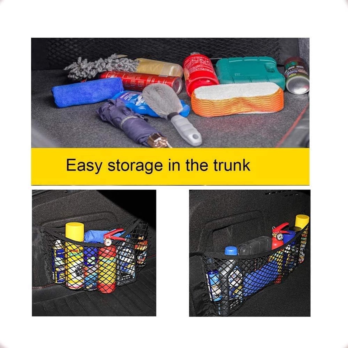 Car Trunk Storage Net (2-Pack) - Storage Bag 50*25cm - With Velcro - Car Seat Storage Net - Universal Net Bag for SUVs, Sedans and Trucks - Suitable for storing mobile phone accessories, water bottles