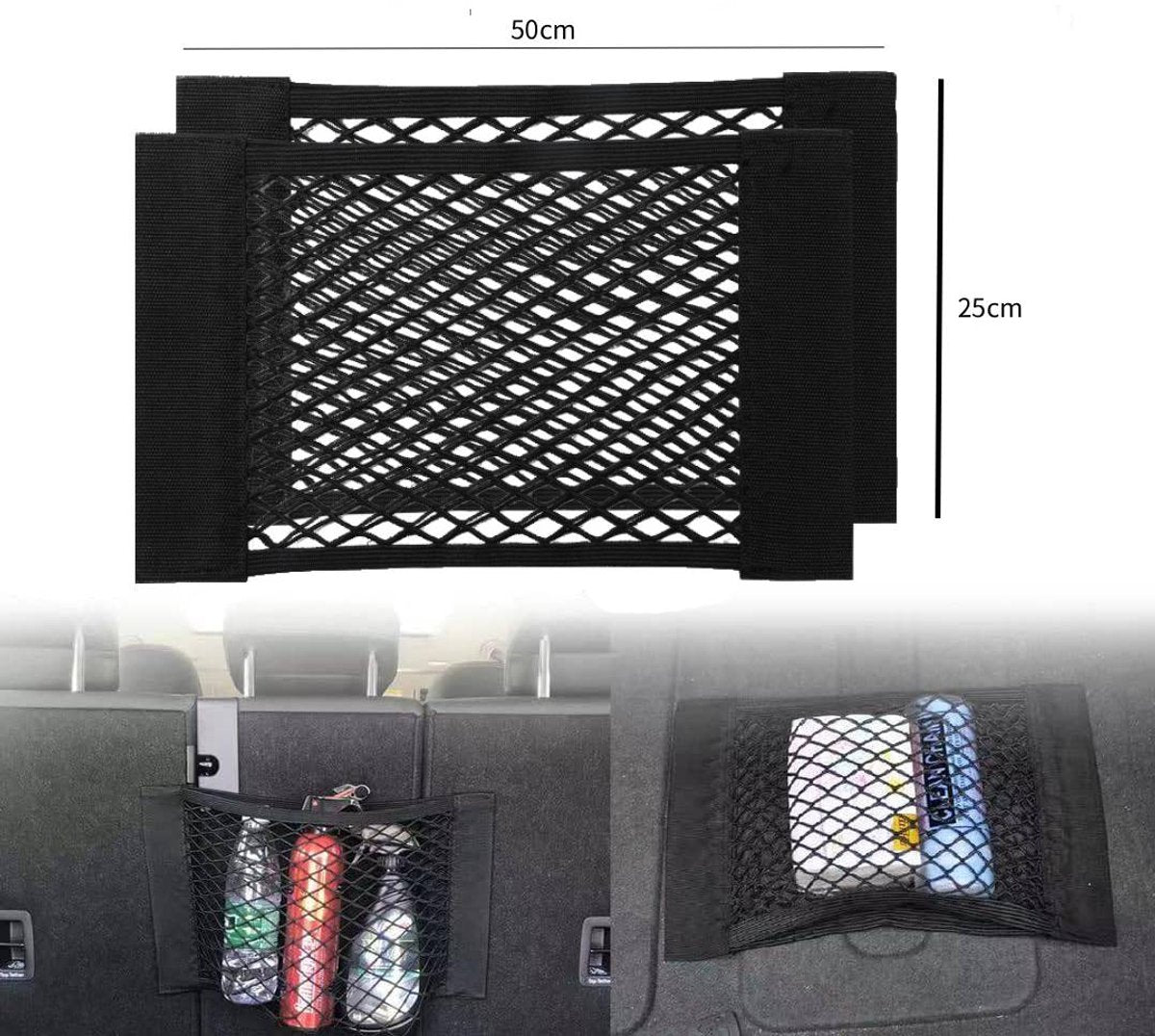 Car Trunk Storage Net (2-Pack) - Storage Bag 50*25cm - With Velcro - Car Seat Storage Net - Universal Net Bag for SUVs, Sedans and Trucks - Suitable for storing mobile phone accessories, water bottles