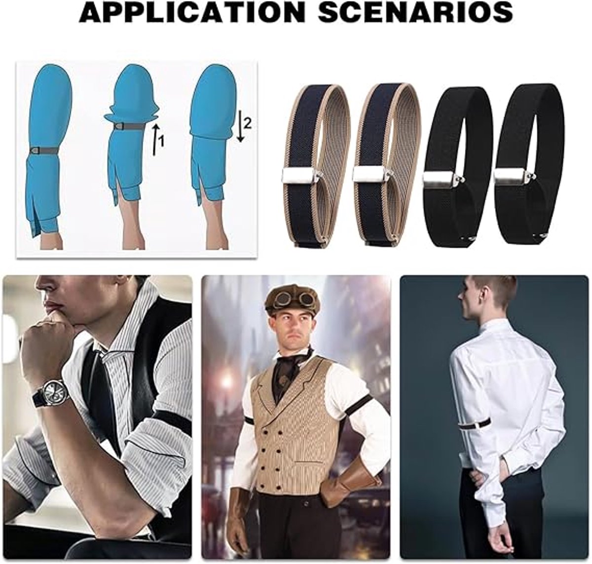 Shirt Bracelet - 2 Pairs of Cuff Rings - Adjustable Cufflinks - Non-slip Cuff Bra - Elastic Cuffs - Cufflinks - Black/Blue - L