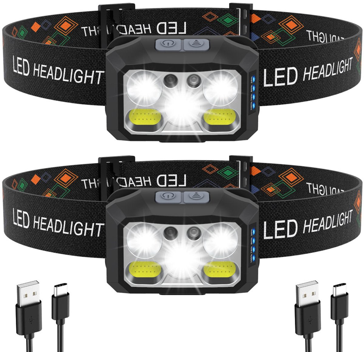 Headlamp LED Rechargeable - Headlight - 2-Pack LED Headlamp - Rechargeable - Ultralight, High Brightness - Waterproof Headlamp Flashlight, Suitable for Hiking, Camping, Running, Fishing and Hunting