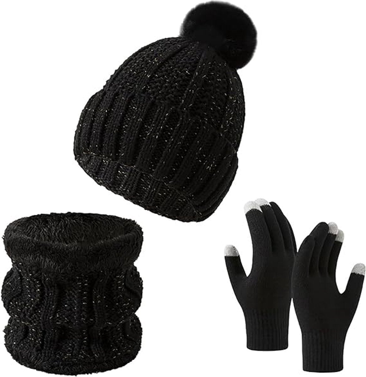 Gloves, hat and scarf - three-piece set - winter knitwear - lined with fleece and thickened - warm and cold resistant - black