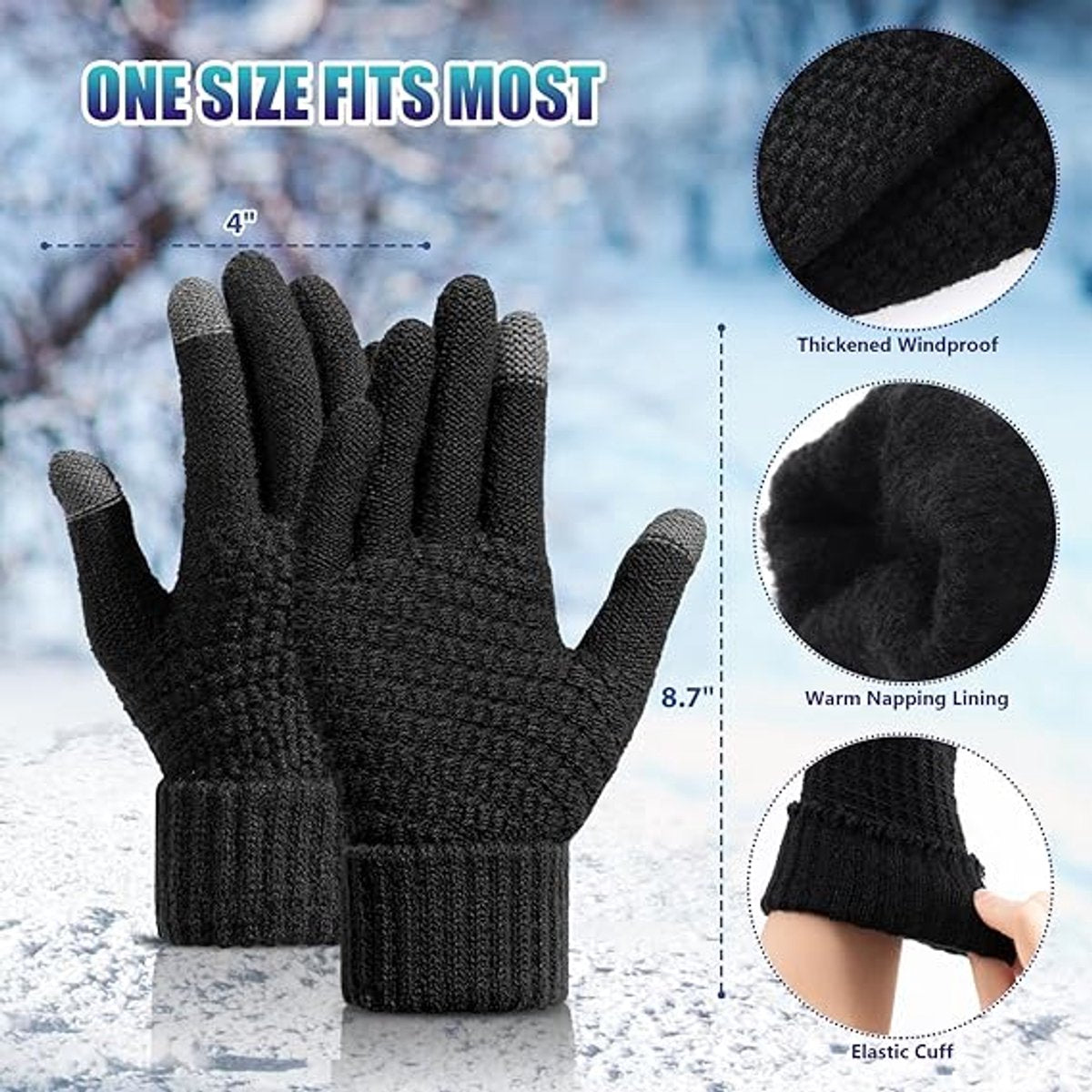 Winter Gloves - Two-pack - Men's Gloves - Warm and Soft - Winter Gloves with Touchscreen - Elastic Cuffs - Knitted Gloves - Suitable for Cold Weather (Black)